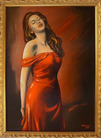 Beautiful woman in red dress figurative art oil painting